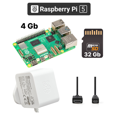 Raspberry Pi 5 Essential Kit - 4GB RAM, Power Supply, 32GB Micro SD Card, HDMI Cables