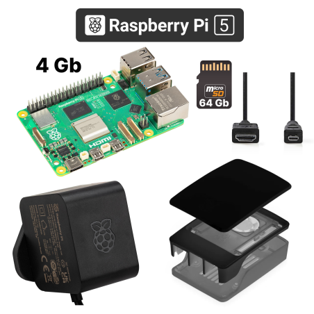 Raspberry Pi 5 4 GB Zwart-Grijs Kit - Voeding, Behuizing, Ventilator, Micro SD 64 GB, HDMI Kabels