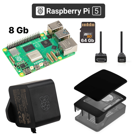 Raspberry Pi 5 8GB Black-Grey Kit - Power Supply, Case, Fan, 64GB Micro SD, HDMI Cables