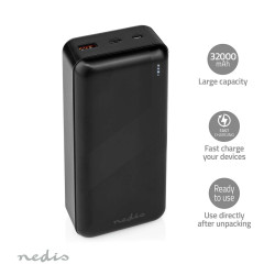 Nedis Externe Powerbank - 32000 mAh, 2 uitgangen USB-C/USB-A, PD 65W