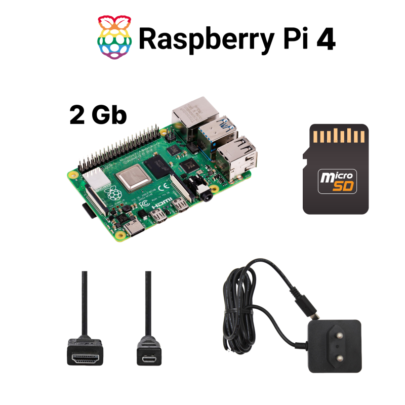 Kit Raspberry Pi Essential - Raspberry Pi 4 Model B 2 Go, Officiële Voeding, Micro SD 32 Gb, HDMI Kabels