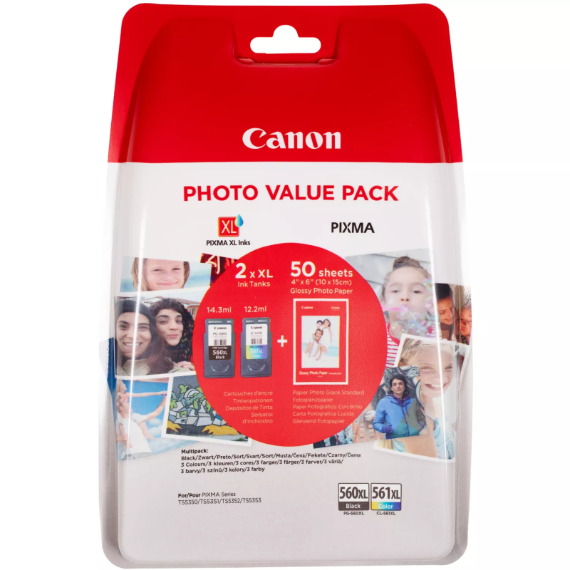 Pack économique Canon de cartouches d'encre noire PG-560XL et couleur CL-561XL + Papier Photo